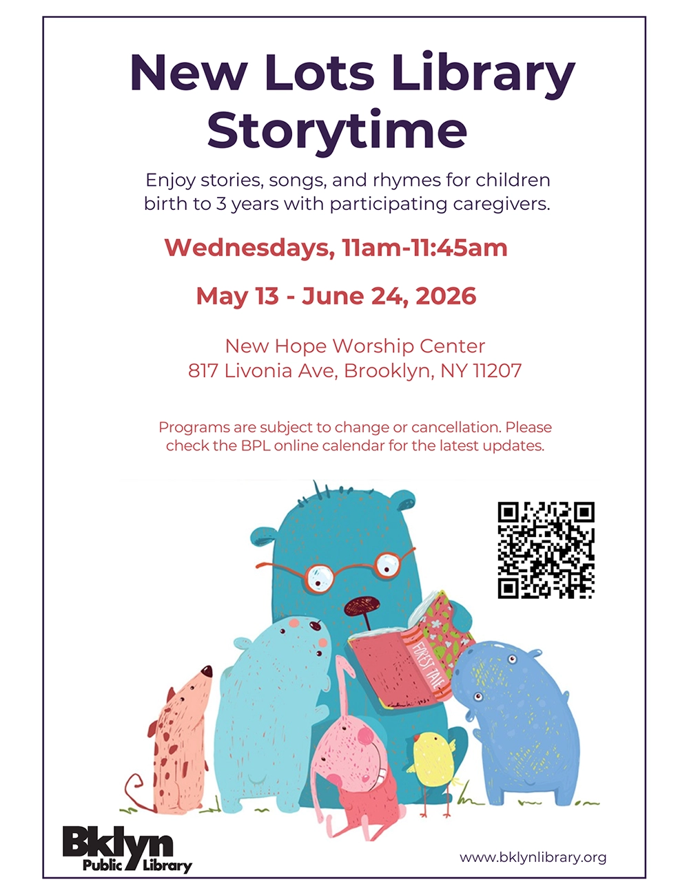 New Lots Library Storytime for children from birth to 3 years with participating caregivers. 